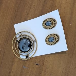 Designer Patricia Locke Hematite Crystal Jewelry Brooch and Clipon Earrings